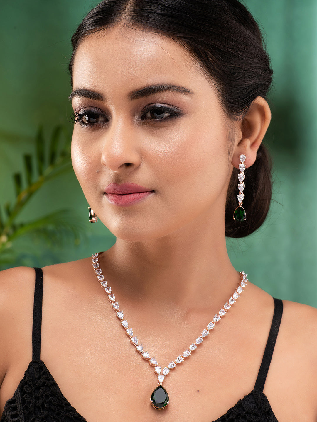 Rose Gold Toned Emerald Green AD Studded Designer Pendant Jewellery Set, zaveri pearls, sale price rs, sale price, sale gold plated, sale gold, sale, rubans, ring, regular price, priyassi jew